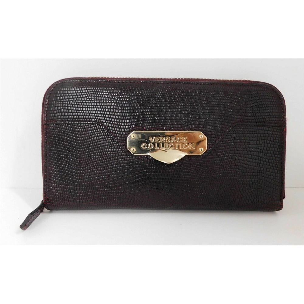 Versace Collection Italy Bordeaux Reptile Leather Zip Around Clutch Wallet